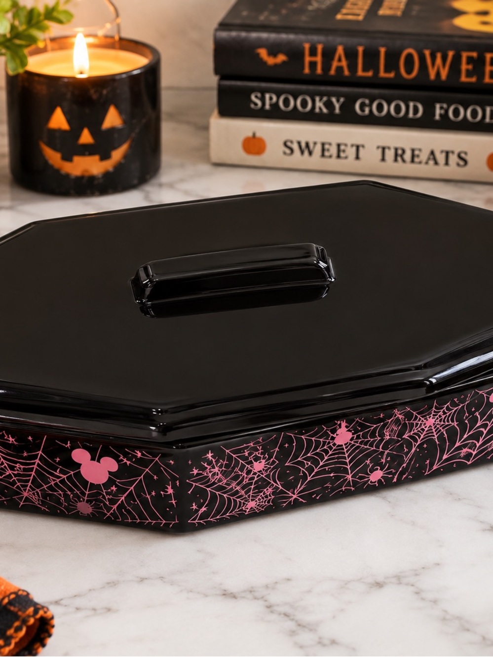 Disney Mickey Halloween Coffin Spiderweb Ceramic Baking Dish With Lid